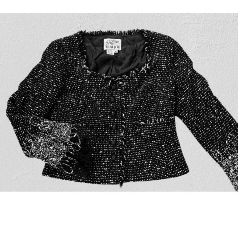 TERI JON Wool Jacket Embroidered Sleeves Evening Blazer Black White Size6